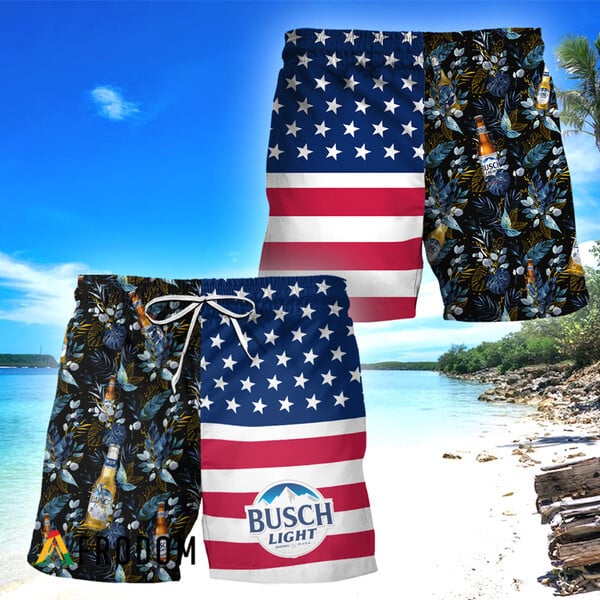 Busch Light Flower American Flag Hawaiian Shorts