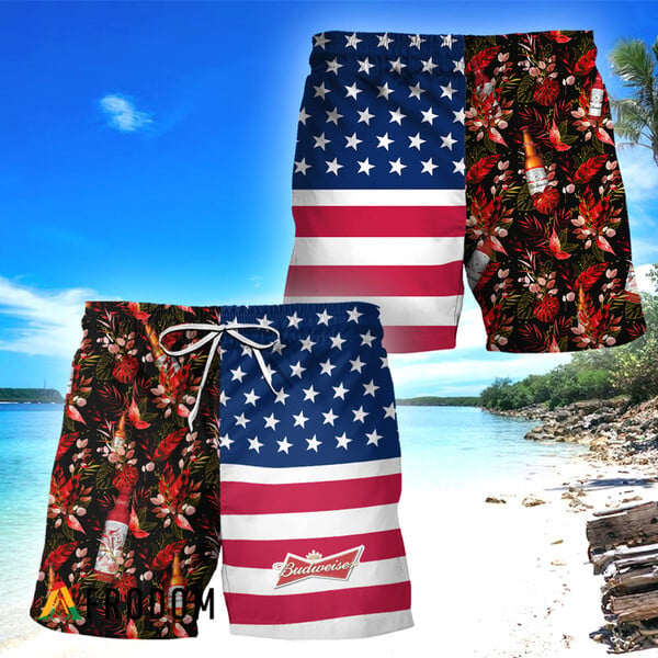 Budweiser Flower American Flag Hawaiian Shorts