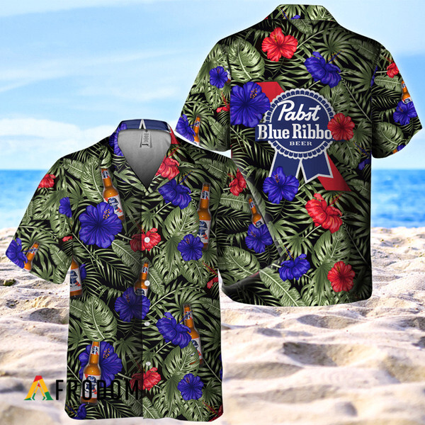 Tropical Flower With Palm Leaves Pabst Blue Ribbon Hawaiian Shirt