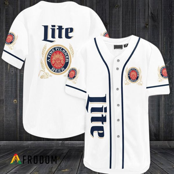 White Miller Lite Baseball Jersey  The White Miller Lite Baseball Jersey is a classic and stylish choice for any sports fan. Made with high-quality materials, this jersey features the iconic Miller Lite logo prominently displayed on the front, giving it a distinctive look. Its white color is clean and crisp, perfect for showing off your team spirit on and off the field. And at an affordable price, this jersey is a great addition to any sports fan's wardrobe. Whether you're a die-hard baseball fan or just looking for a stylish and comfortable jersey, the White Miller Lite Baseball Jersey is a must-have.
