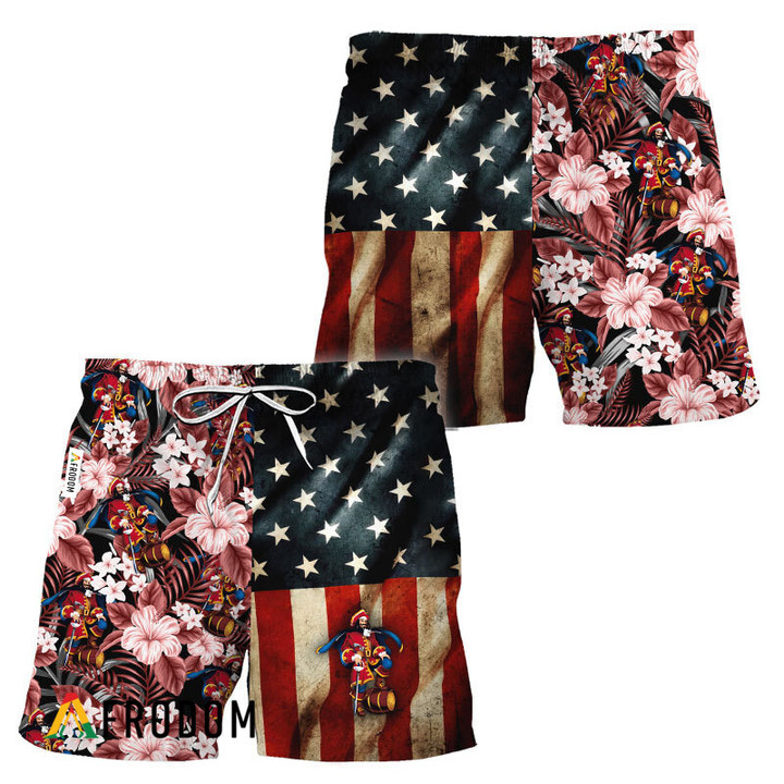 Captain Morgan American Flag Tropical Flower Hawaiian Shorts