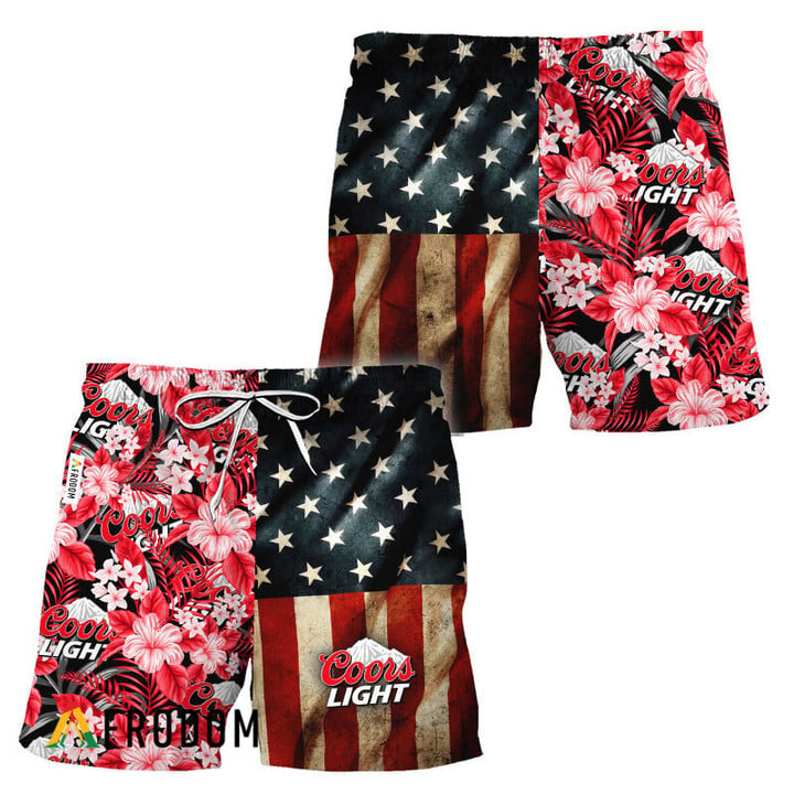 Coors Light American Flag Tropical Flower Hawaiian Shorts