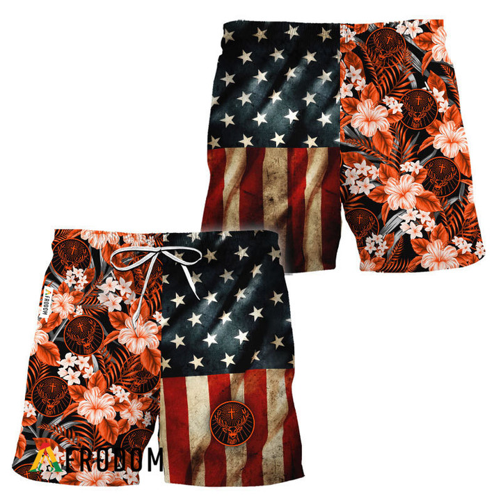 Jagermeister American Flag Tropical Flower Hawaiian Shorts