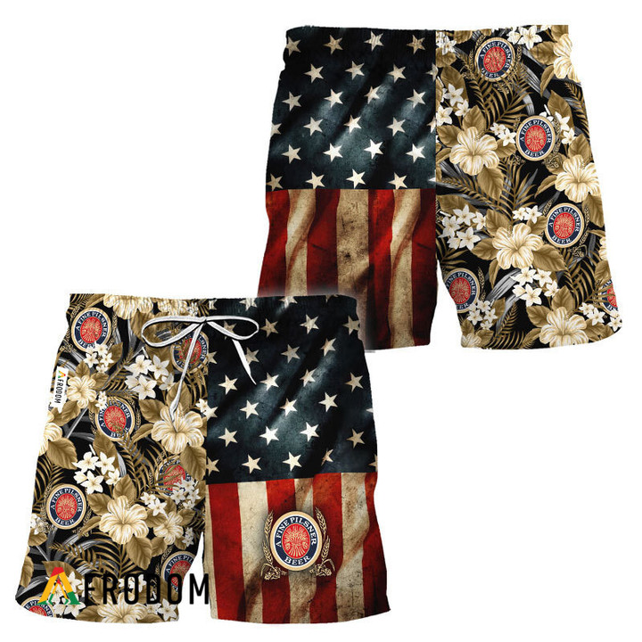 Miller Lite American Flag Tropical Flower Hawaiian Shorts