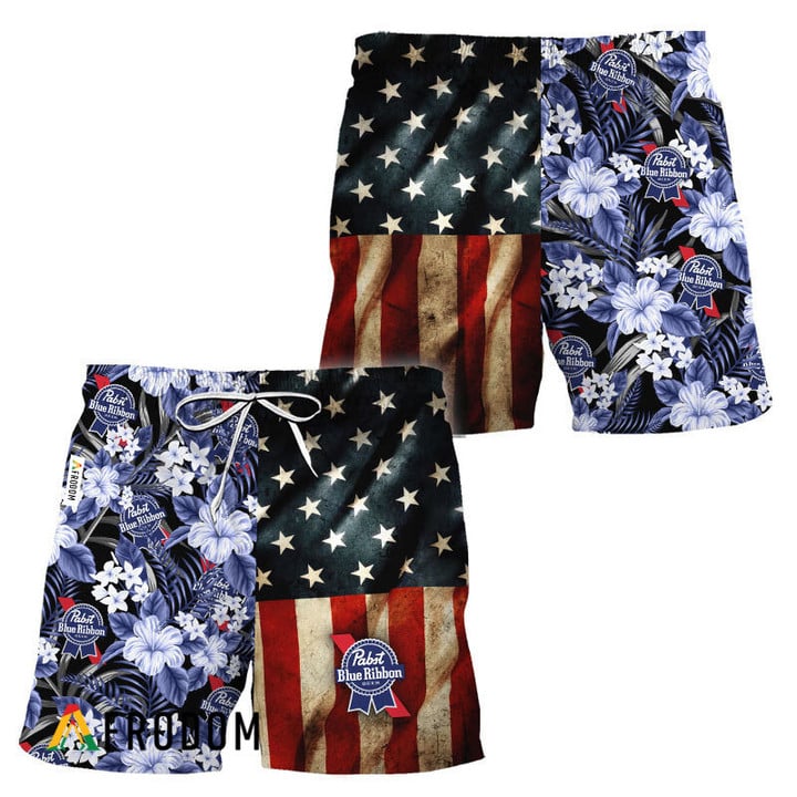Pabst Blue Ribbon American Flag Tropical Flower Hawaiian Shorts