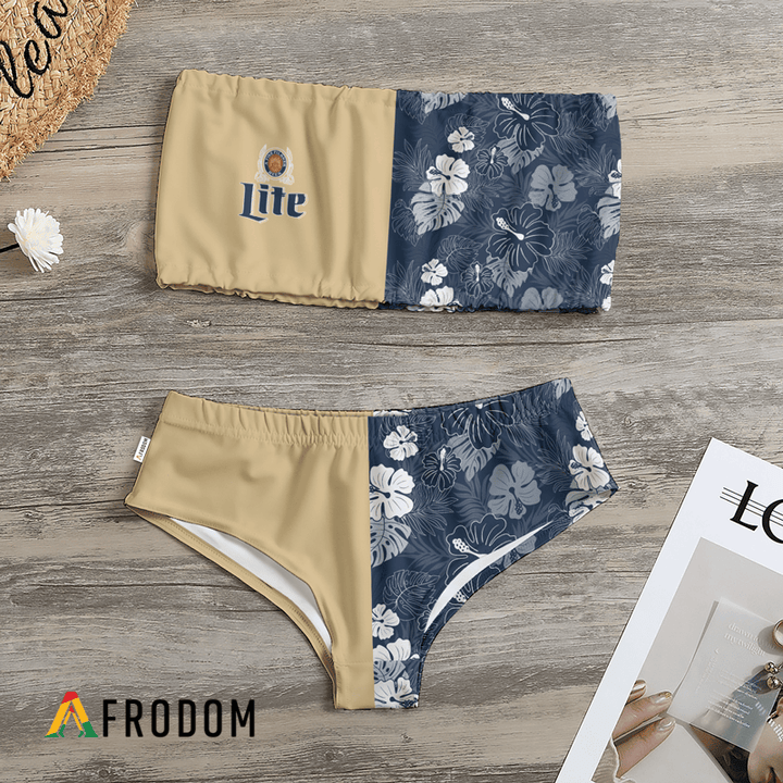 Tropical Split Miller Lite Strapless Bandeau Bikini Swimsuit