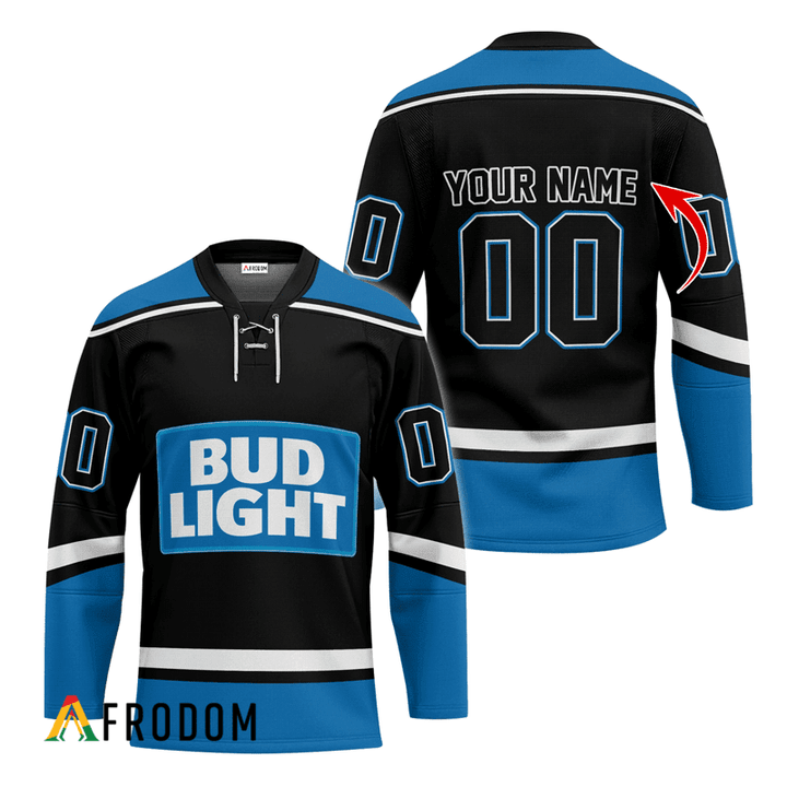 Personalized Bud Light Black And Blue Hockey Jersey