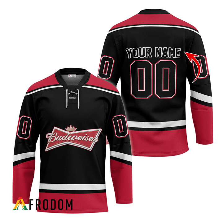 Personalized Budweiser Black And Red Hockey Jersey