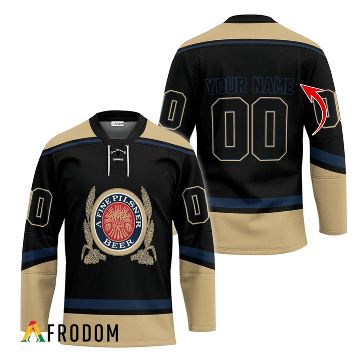 Personalized Miller Lite Black And Beige Hockey Jersey