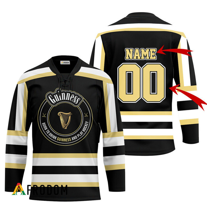 Personalized Black Born To Drink Guinness Beer and Play Hockey Jersey