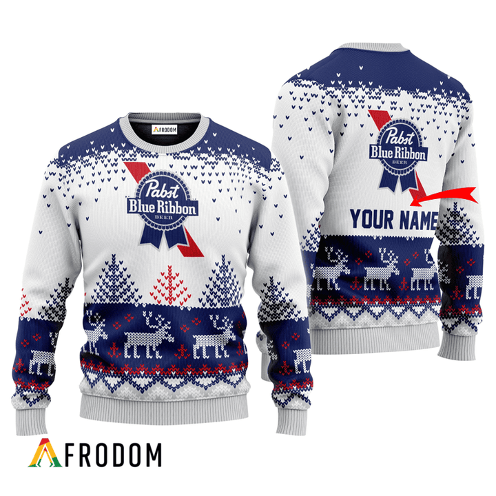 Personalized Pabst Blue Ribbon Reindeer Ugly Sweater