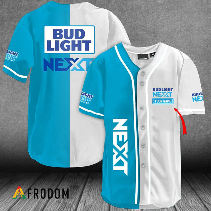 Personalized White Blue Duo Bud Light Next Baseball Jersey