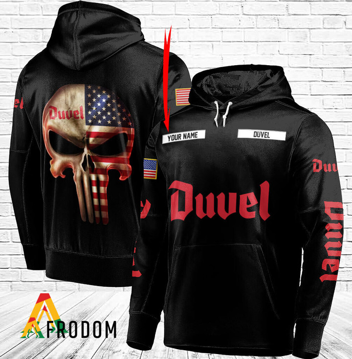 Personalized Black USA Flag Skull Duvel Beer Hoodie