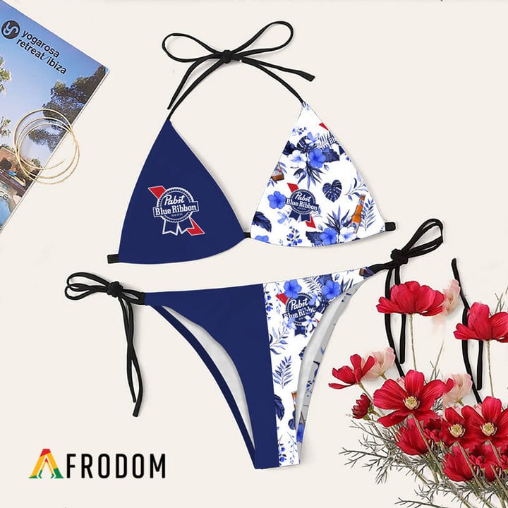 Pabst Blue Ribbon Tropical Floral Bikini Set Swimsuit Beach