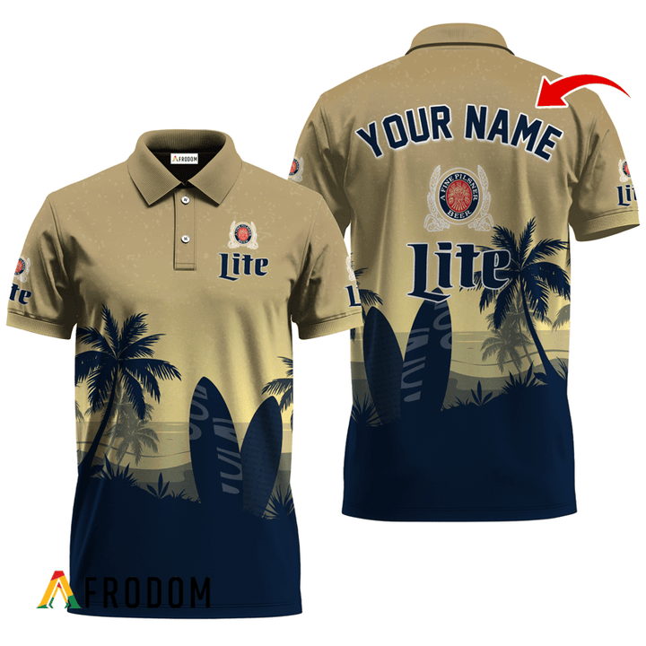 Personalized Miller Lite Palm Tree Surfboard Polo Shirt