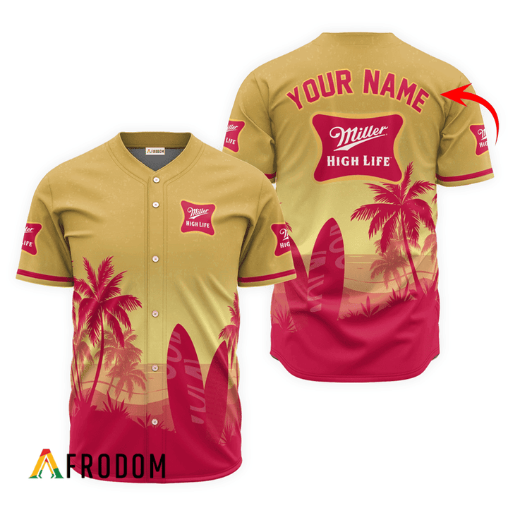 Personalized Miller High Life Palm Tree Surfboard Baseball Jersey