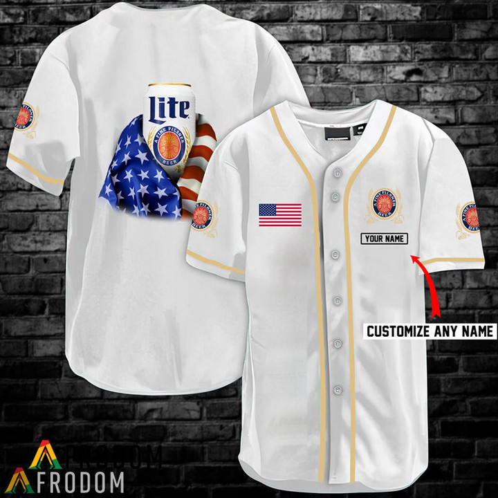 Personalized Vintage White USA Flag Miller Lite Jersey Shirt