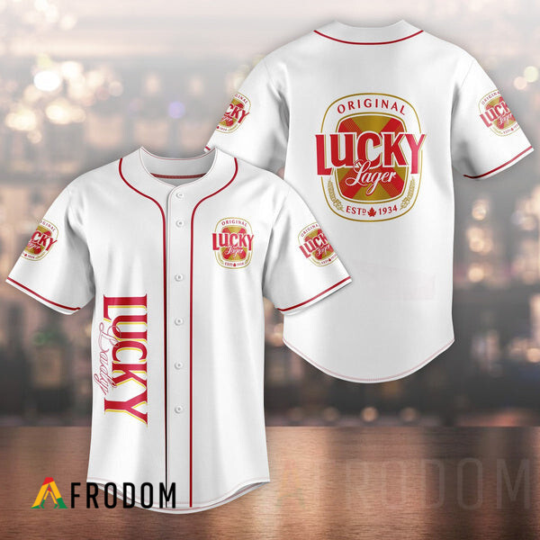 Unisex White Lucky Lager Beer Baseball Jersey