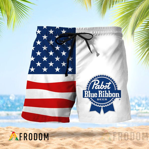 Vintage USA Flag Fourth Of July Pabst Blue Ribbon Hawaiian Shorts