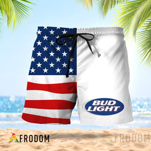 Vintage USA Flag Fourth Of July Bud Light Hawaiian Shorts