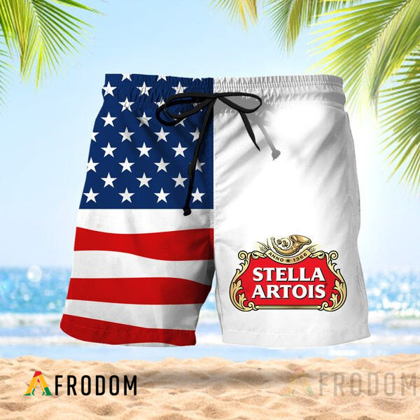 Vintage USA Flag Fourth Of July Stella Artois Hawaiian Shorts