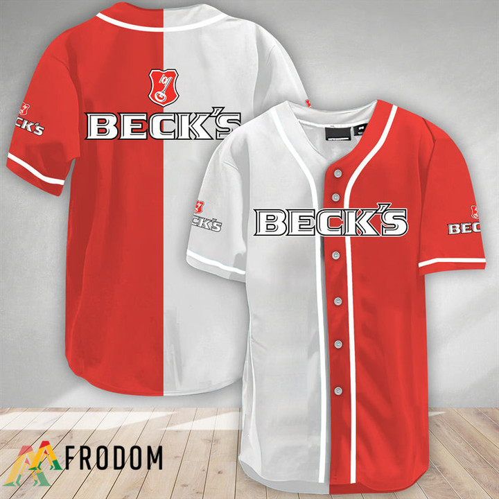 White And Red Split Beck's Beer Baseball Jersey