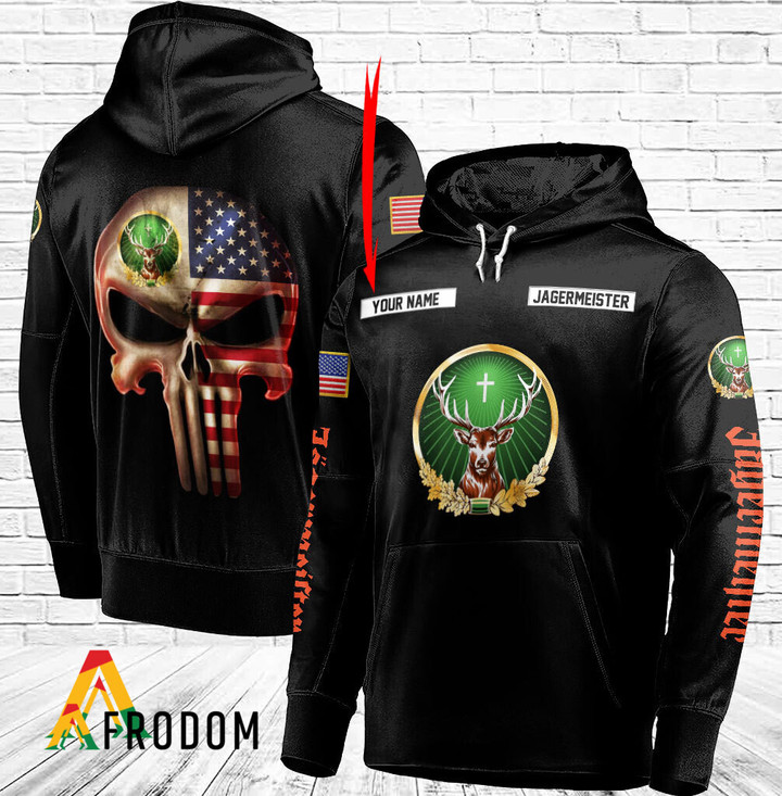 Personalized Black USA Flag Skull Jagermeister Hoodie