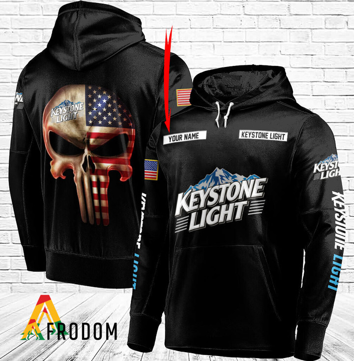 Personalized Black USA Flag Skull Keystone Light Hoodie
