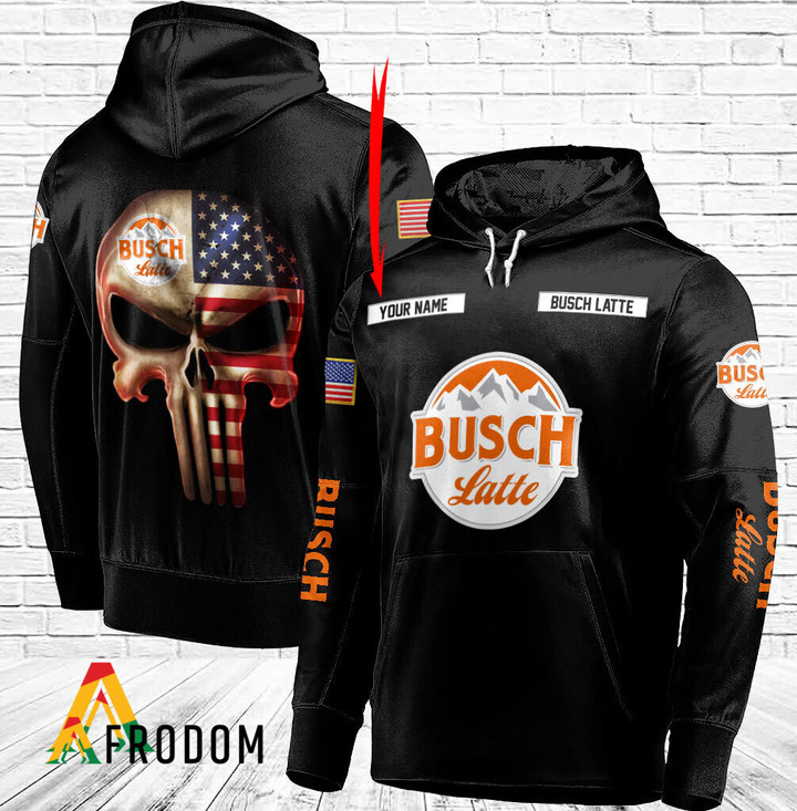 Personalized Black USA Flag Skull Busch Latte Hoodie