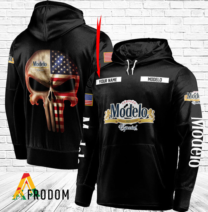 Personalized Black USA Flag Skull Cerveza Modelo Hoodie