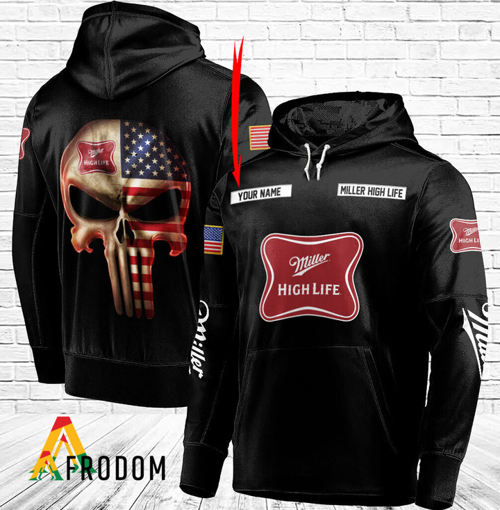 Personalized Black USA Flag Skull Miller High Life Hoodie