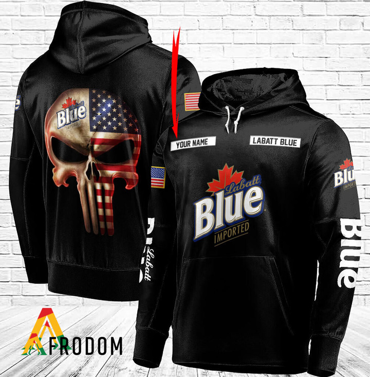 Personalized Black USA Flag Skull Labatt Blue Beer Hoodie