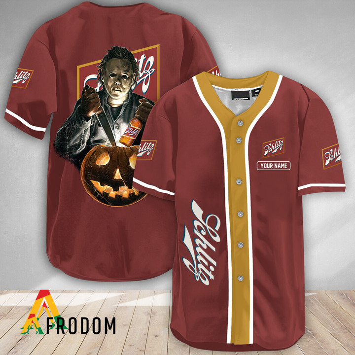 Personalized Scary Michael Myers Pumpkin Schlitz Beer Baseball Jersey