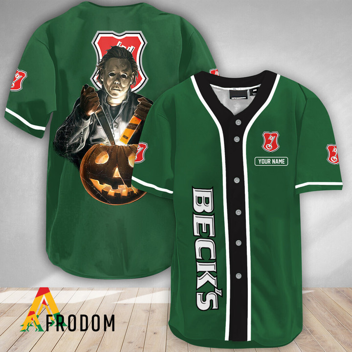 Personalized Scary Michael Myers Pumpkin Beck's Beer Baseball Jersey