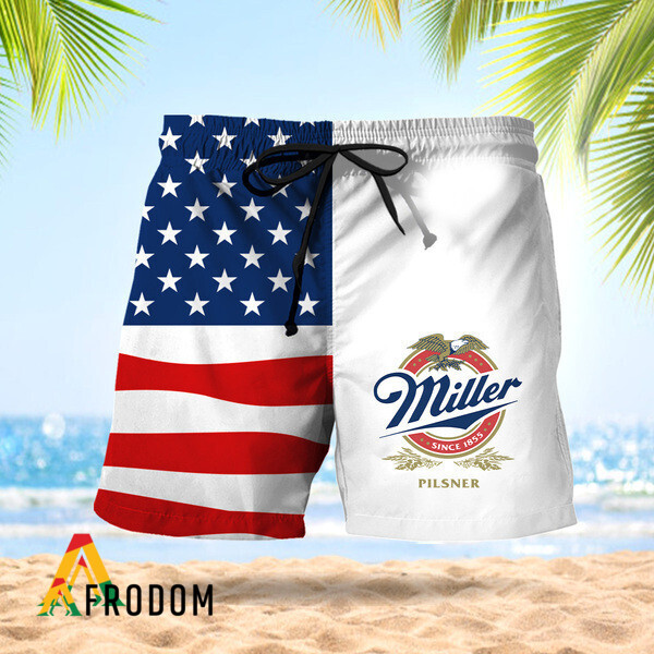 Vintage USA Flag Fourth Of July Miller Pilsner Hawaiian Shorts