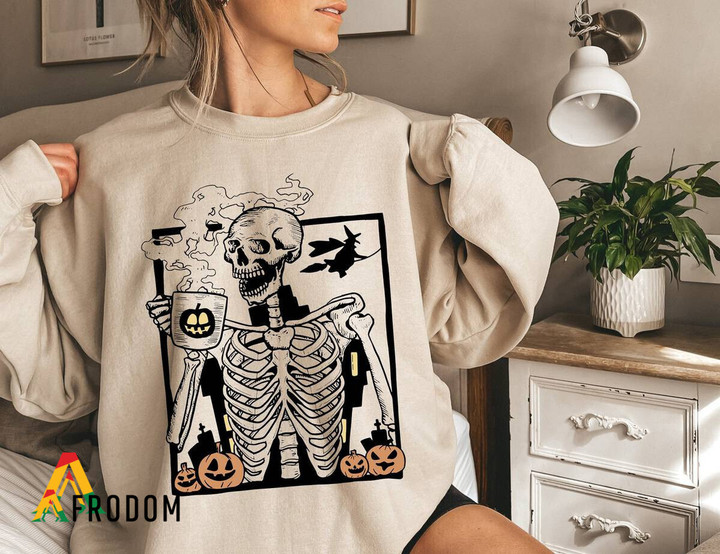 Skeleton Pumpkin Coffee Happy Halloween Sweatshirt