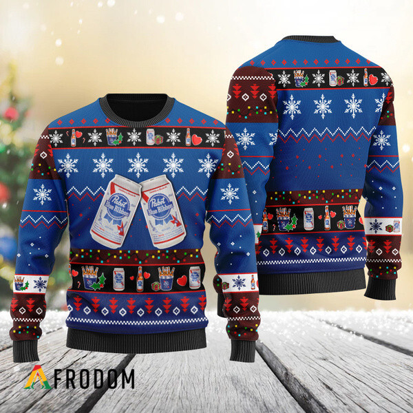 Pabst Blue Ribbon Snowflake Pattern Ugly Christmas Sweater
