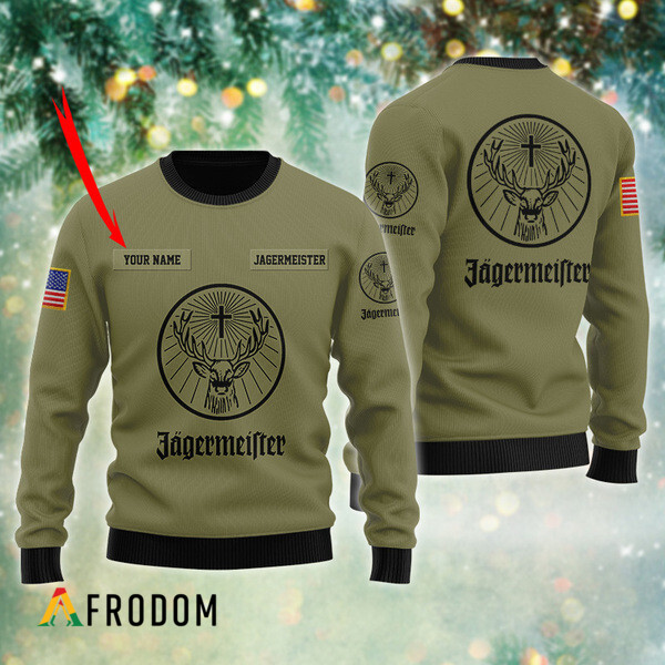 Personalized Jagermeister Flag Military Green Christmas Ugly Sweater