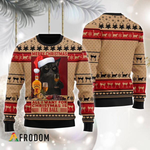 Black Cat Drinking Fireball Christmas Sweater