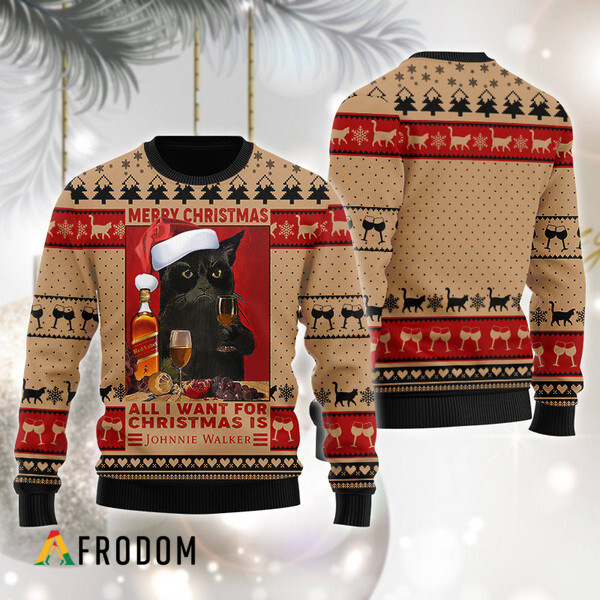 Black Cat Drinking Johnnie Walker Christmas Ugly Sweater