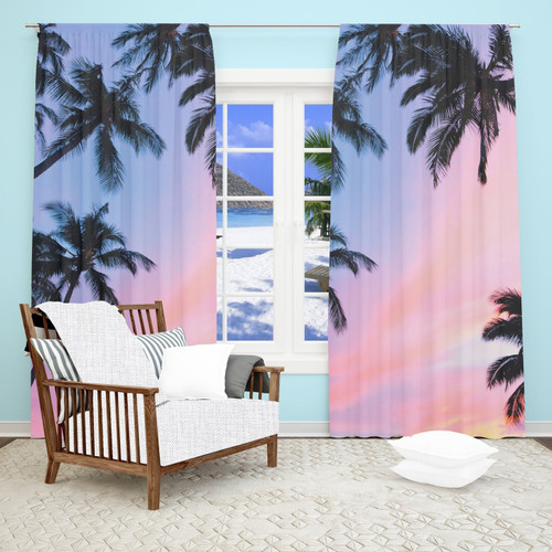 Sunset Palm Trees Window Curtain, Palm Tree Print, Beach Decor, Ocean Art, Sheer, Beach Home Decor, Black Out Fabric, Single or Double Panel
