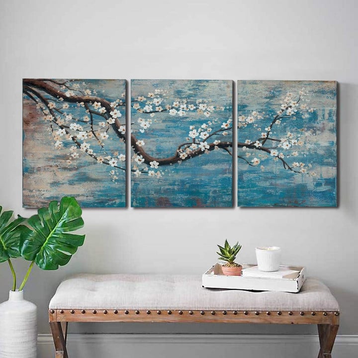 amatop 3 Piece Wall Art Hand-Painted Framed Flower Oil Painting On Canvas Gallery Wrapped Modern Floral Artwork for Living Room Bedroom D�cor Teal Blue Lake Ready to Hang 12"x16"x3 Panel