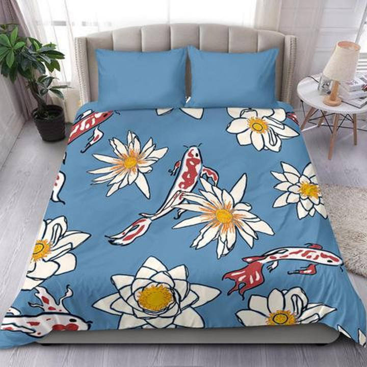 Koi Flowers Duvet Cover and pillow Covers - Chinese Flowers Bedding Set - Koi Flowers Bed Cover