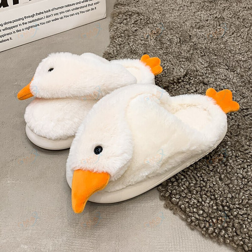 Duck New Wool Slippers Women Winter Warm Half Pack Plush Home Slippers Kawaii Flat Cute Duck Animal Slippers