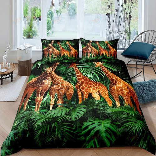 Giraffe Duvet Cover King Queen Size Bedding Set Wildlife Green Tree Soft