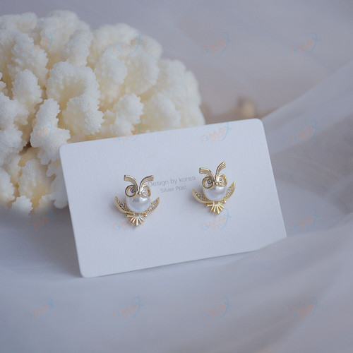 14k Real Gold Plated Fashion Jewelry Crystal Pearl Cute Owl Exquisite Stud Earrings for Woman Holiday Party