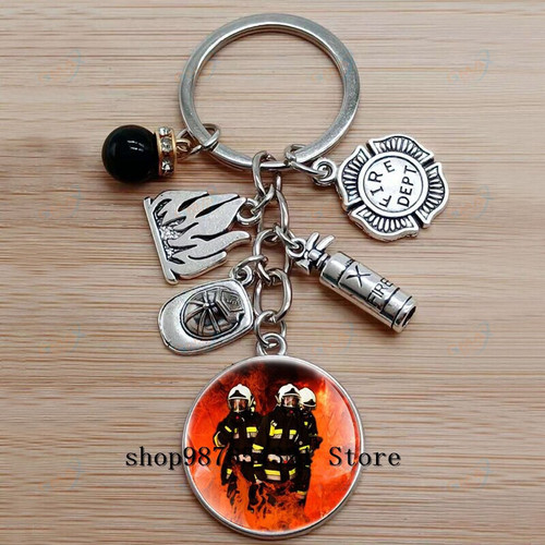 New classic firefighter emergency rescue design keychain glass dome charm key ring