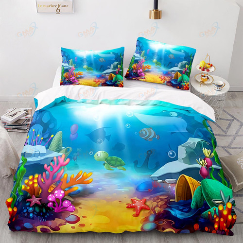 Fish Duvet Cover Full Ocean Bedding Sets 3D Printed Underwater World with Goldfish Coral Reef Pattern Quilt Cover, Kids Teens