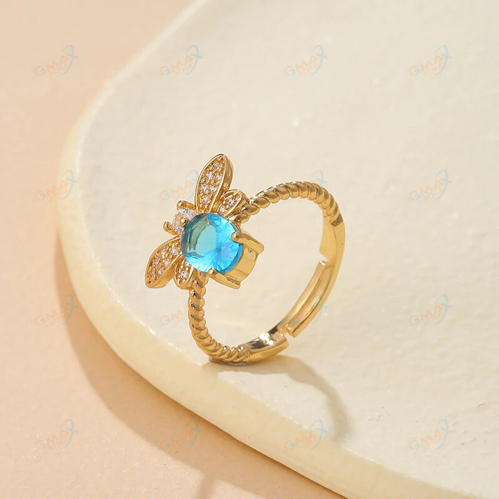 Sweet Cute Blue Crystal Bee Ring For Women Exquisite Elegant Female Wedding Gold Color Ring Jewelry