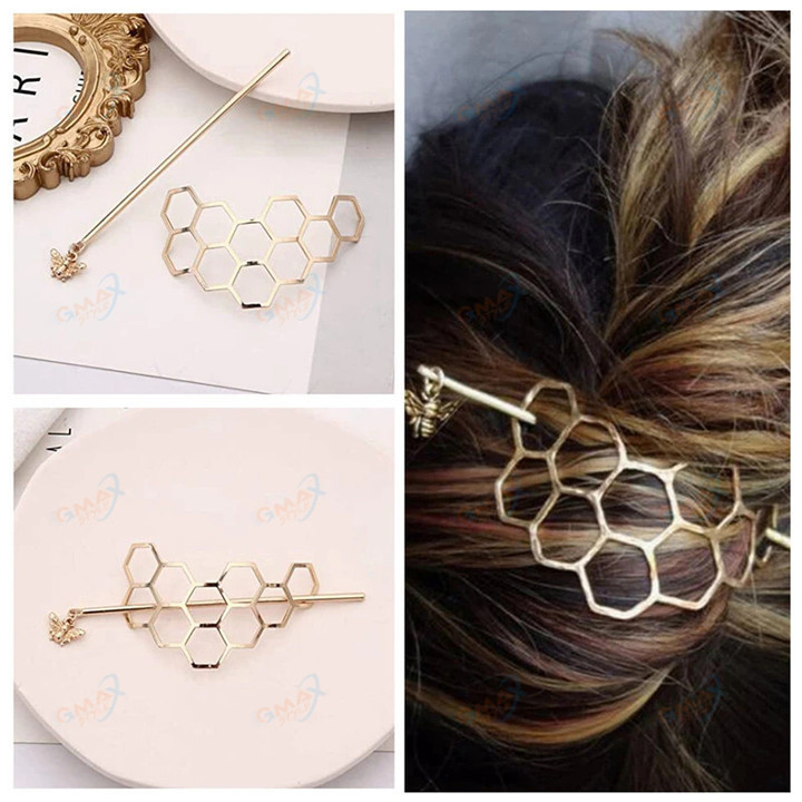 Honeycomb Hairpin Bee Hair Twist Hairwear Honeycomb Hair Fork Hairpins Hair Bun Cage Metal with Stick Jewelry Gift
